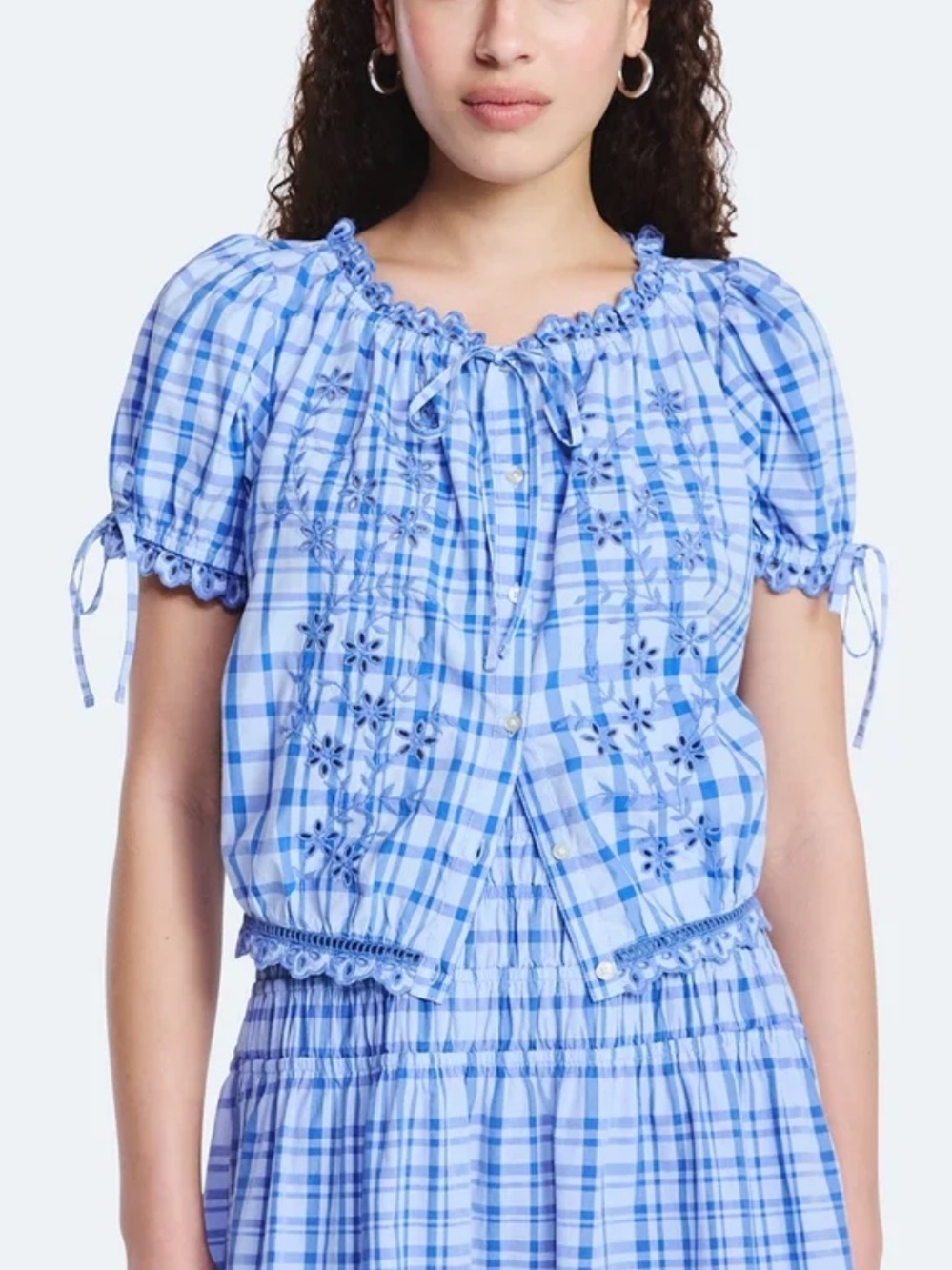 Free Assembly Blue Plaid Embroidered Peasant Top Size M 8-10 & XXL 20 NWT